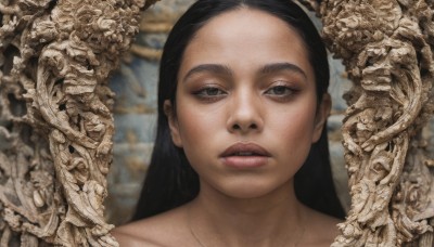 1girl,solo,long hair,looking at viewer,black hair,jewelry,collarbone,parted lips,teeth,necklace,blurry,black eyes,lips,blurry background,portrait,forehead,realistic,skeleton,bone,brown eyes,eyelashes,makeup,freckles,nose