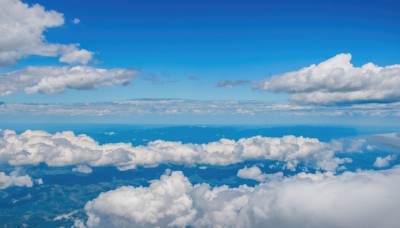 outdoors,sky,day,cloud,water,blue sky,dutch angle,no humans,ocean,cloudy sky,scenery,blue theme,horizon,landscape,above clouds,monochrome,reflection