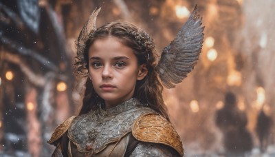 1girl,solo,long hair,looking at viewer,brown hair,hair ornament,brown eyes,closed mouth,upper body,wings,solo focus,armor,blurry,black eyes,lips,grey eyes,depth of field,blurry background,head wings,shoulder armor,portrait,snow,pauldrons,breastplate,realistic,nose,fantasy,winged helmet,braid,outdoors,forehead