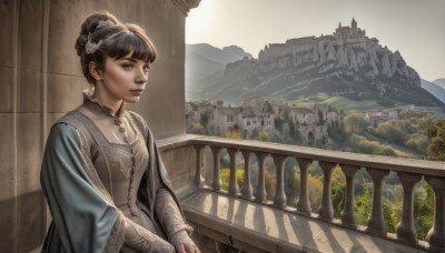 1girl,solo,breasts,short hair,bangs,black hair,hair ornament,long sleeves,dress,brown eyes,jewelry,closed mouth,upper body,outdoors,sky,day,necklace,hair bun,tree,lips,looking to the side,looking away,sunlight,single hair bun,building,scenery,mountain,realistic,fantasy,railing,grey dress,looking afar,architecture,bridge,balcony,looking at viewer,sitting,white dress