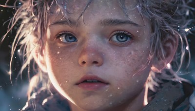 1girl,solo,looking at viewer,short hair,blue eyes,white hair,grey hair,parted lips,teeth,lips,eyelashes,portrait,light particles,snow,close-up,freckles,snowing,realistic,nose,blurry,depth of field,messy hair