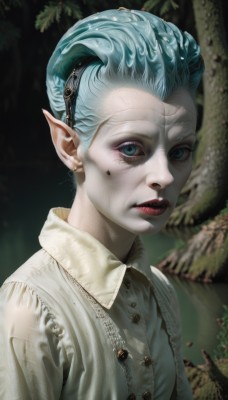 1girl,solo,looking at viewer,short hair,blue eyes,shirt,blue hair,white shirt,upper body,parted lips,teeth,pointy ears,collared shirt,blurry,tree,lips,wet,eyelashes,aqua hair,makeup,buttons,blurry background,colored skin,facial mark,lipstick,pale skin,realistic,nose,red lips,jewelry,male focus,earrings,artist name,signature,mole,aqua eyes,elf,portrait,androgynous,facepaint