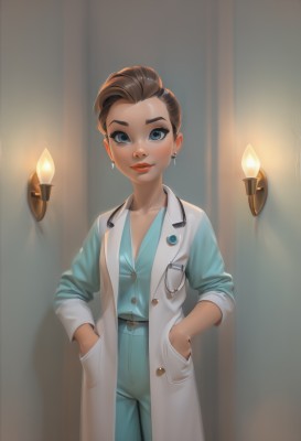 1girl,solo,breasts,looking at viewer,smile,short hair,blue eyes,brown hair,shirt,cleavage,jewelry,standing,collarbone,cowboy shot,earrings,belt,pants,lips,coat,makeup,buttons,shadow,blue shirt,lipstick,pocket,nose,hands in pockets,labcoat,blue pants,red lips,candle,stethoscope,doctor,small breasts,formal,suit