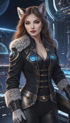 1girl,solo,long hair,breasts,looking at viewer,blue eyes,brown hair,gloves,long sleeves,animal ears,cleavage,medium breasts,standing,jacket,cowboy shot,open clothes,black gloves,belt,pants,cat ears,lips,black jacket,fur trim,makeup,night,black pants,moon,lipstick,gem,star (sky),red lips,space,leather,planet,closed mouth,sky,artist name,white gloves,animal ear fluff,bodysuit,wavy hair,wolf ears,starry sky,freckles,realistic,black bodysuit,earth (planet)