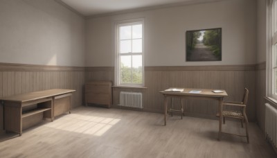 sky,day,cloud,indoors,tree,book,no humans,window,shadow,chair,table,sunlight,plant,curtains,scenery,desk,wooden floor,paper,door,painting (object),wooden chair,school