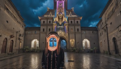 1girl,solo,long hair,brown hair,outdoors,sky,cloud,water,window,night,cloudy sky,building,night sky,scenery,reflection,fantasy,door,clock,road,architecture,lamppost,street,statue,arch,pavement,upper body,blue sky,no humans,plant