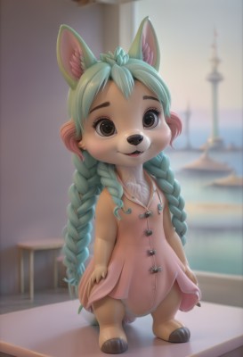 1girl,solo,long hair,looking at viewer,smile,open mouth,bangs,dress,animal ears,brown eyes,very long hair,blue hair,standing,tail,full body,braid,multicolored hair,outdoors,green hair,barefoot,teeth,sleeveless,artist name,indoors,signature,water,blurry,twin braids,flat chest,two-tone hair,aqua hair,buttons,sleeveless dress,depth of field,blurry background,happy,child,pink dress,furry,light blush,animal hands,furry female,female child,watercraft,body fur,animal nose,snout,two-tone fur,brown fur