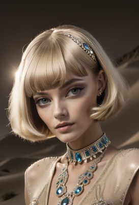 1girl,solo,looking at viewer,short hair,bangs,blue eyes,blonde hair,dress,jewelry,green eyes,collarbone,upper body,hairband,earrings,parted lips,choker,artist name,necklace,blurry,lips,grey eyes,eyelashes,makeup,piercing,bob cut,gem,portrait,eyeshadow,brown background,realistic,nose,mascara,breasts,see-through,freckles