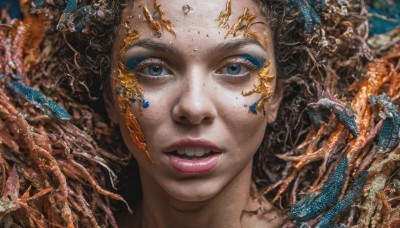 1girl,solo,looking at viewer,open mouth,blue eyes,black hair,parted lips,teeth,tongue,tongue out,blurry,lips,grey eyes,eyelashes,makeup,blurry background,portrait,close-up,eyeshadow,freckles,crystal,underwater,realistic,straight-on,coral,short hair,brown hair,lipstick,nose,gold,surreal