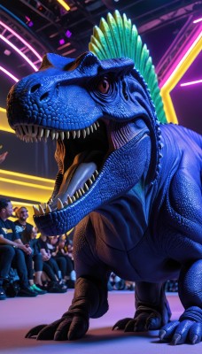 open mouth,red eyes,standing,tail,multiple boys,teeth,solo focus,indoors,no humans,sharp teeth,claws,monster,realistic,crowd,stage,dinosaur,people,stadium,kaijuu,audience,1girl,tongue,saliva,fangs,3boys,scales,police