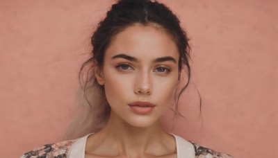 1girl,solo,long hair,looking at viewer,simple background,brown hair,black hair,collarbone,parted lips,black eyes,lips,pink background,messy hair,portrait,freckles,realistic,nose,blue eyes,teeth,mole,grey eyes,eyelashes,forehead,mole on cheek