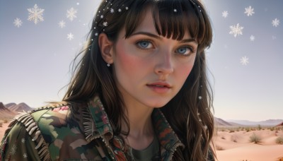 1girl,solo,long hair,looking at viewer,blush,bangs,blue eyes,brown hair,black hair,jewelry,jacket,upper body,earrings,outdoors,parted lips,sky,teeth,day,lips,portrait,snow,freckles,mountain,realistic,nose,snowflakes,camouflage,camouflage jacket,shirt,blue sky,eyelashes,winter