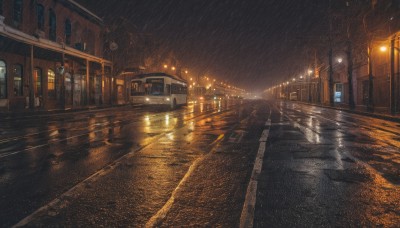 outdoors,sky,water,dutch angle,no humans,night,ground vehicle,building,night sky,scenery,motor vehicle,reflection,rain,city,sign,car,light,road,bridge,lamppost,street,puddle,train,train station,railroad tracks,real world location,vanishing point,wet,window,water drop,dark,lights,pavement