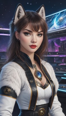 1girl,solo,long hair,breasts,looking at viewer,bangs,brown hair,black hair,long sleeves,animal ears,cleavage,brown eyes,jewelry,medium breasts,closed mouth,jacket,upper body,earrings,sky,cat ears,necklace,lips,animal ear fluff,fur trim,makeup,white jacket,lipstick,brooch,gem,star (sky),extra ears,pendant,eyeshadow,nose,red lips,space,planet,open clothes,belt,artist name,eyelashes,wolf ears,cropped jacket,realistic