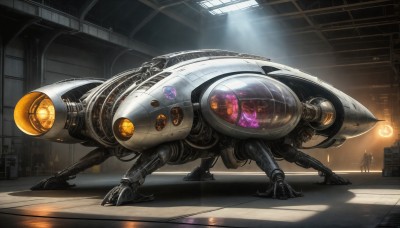 HQ,indoors,no humans,window,shadow,glowing,robot,building,mecha,1other,science fiction,realistic,light,multiple others,alien,spacecraft,lights,non-humanoid robot,multiple boys,signature,sunlight,claws,machinery,cockpit