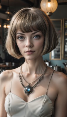 1girl,solo,breasts,looking at viewer,smile,short hair,bangs,blue eyes,blonde hair,brown hair,cleavage,bare shoulders,jewelry,medium breasts,closed mouth,collarbone,upper body,small breasts,indoors,blunt bangs,necklace,blurry,lips,grey eyes,blurry background,bob cut,camisole,pendant,freckles,realistic,nose,spaghetti strap,hat,dress,sleeveless,artist name,white dress,eyelashes,messy hair,gem,bar (place)