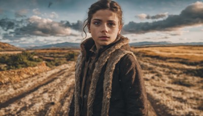 solo,looking at viewer,short hair,blue eyes,brown hair,shirt,black hair,1boy,jacket,upper body,male focus,outdoors,parted lips,sky,day,cloud,scarf,blurry,lips,coat,depth of field,blurry background,realistic,field,photo background,1girl,brown eyes,jewelry,earrings,blue sky,sunlight,cloudy sky,scenery