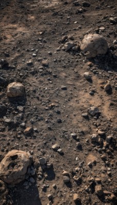 solo,outdoors,no humans,from above,scenery,skull,rock,debris,brown theme,stone,rubble,sand