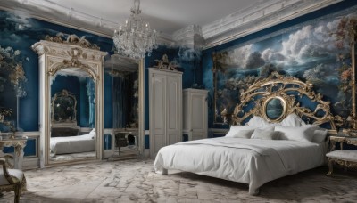 sky,cloud,indoors,tree,pillow,no humans,window,bed,night,chair,table,cloudy sky,scenery,mirror,clock,lamp,candle,painting (object),carpet,candlestand,rug,chandelier,plant,star (sky),night sky,couch,wooden floor,blanket,tile floor