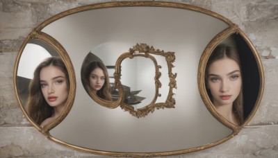 1girl,long hair,looking at viewer,blue eyes,multiple girls,brown hair,black hair,brown eyes,closed mouth,parted lips,3girls,lips,makeup,lipstick,portrait,reflection,mirror,realistic,red lips,solo,multiple views,forehead,nose