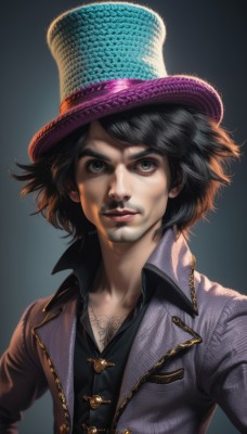 solo,looking at viewer,short hair,simple background,shirt,black hair,1boy,hat,jewelry,closed mouth,jacket,upper body,male focus,collared shirt,black eyes,lips,grey eyes,black shirt,tattoo,makeup,buttons,facial hair,beard,top hat,realistic,nose,mustache