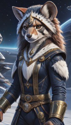 solo,looking at viewer,long sleeves,1boy,animal ears,brown eyes,jewelry,closed mouth,standing,male focus,cowboy shot,outdoors,sky,belt,pants,artist name,signature,hood,necklace,fur trim,animal,gem,star (sky),furry,pendant,starry sky,animal hood,furry female,space,body fur,planet,whiskers,snout,earth (planet),orange fur,gloves,weapon,coat,furry male