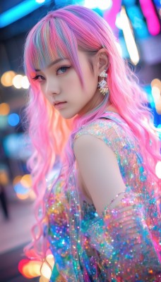 1girl,solo,long hair,looking at viewer,bangs,blue eyes,jewelry,closed mouth,upper body,pink hair,multicolored hair,earrings,detached sleeves,blunt bangs,blurry,from side,lips,eyelashes,makeup,depth of field,blurry background,wavy hair,nose,bokeh,breasts,dress,bare shoulders,blue hair,artist name,streaked hair,see-through,watermark,expressionless,lipstick,eyeshadow,realistic,mascara,neon lights