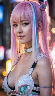 1girl,solo,long hair,breasts,looking at viewer,smile,bangs,blue eyes,hair ornament,cleavage,bare shoulders,twintails,jewelry,medium breasts,underwear,upper body,pink hair,multicolored hair,parted lips,choker,artist name,necklace,bra,blurry,two-tone hair,lips,streaked hair,makeup,blurry background,lipstick,realistic,nose,closed mouth,blue hair,swimsuit,sidelocks,bikini,signature,black eyes,eyelashes,depth of field,gem,bikini top only,armlet,science fiction,pink lips