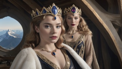 1girl,solo,long hair,breasts,looking at viewer,blue eyes,blonde hair,dress,cleavage,jewelry,medium breasts,closed mouth,upper body,earrings,necklace,cape,lips,tiara,crown,gem,reflection,mirror,multiple girls,2girls,sky,makeup,siblings,lipstick,sisters,mountain,realistic,red lips