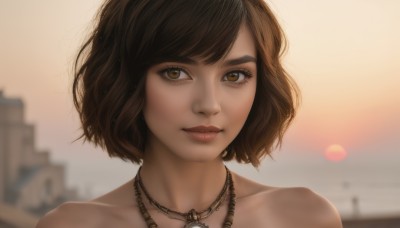 1girl,solo,looking at viewer,smile,short hair,bangs,brown hair,bare shoulders,brown eyes,jewelry,closed mouth,collarbone,outdoors,sky,necklace,blurry,lips,eyelashes,makeup,depth of field,blurry background,portrait,sunset,realistic,nose,sun,black hair,thick eyebrows,close-up,backlighting