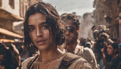 1girl,looking at viewer,short hair,brown hair,shirt,black hair,brown eyes,jewelry,white shirt,upper body,sweat,outdoors,parted lips,multiple boys,solo focus,day,dark skin,necklace,blurry,black eyes,dark-skinned female,lips,wet,depth of field,blurry background,sunglasses,messy hair,portrait,6+boys,realistic,nose,wet hair,crowd,very dark skin,aviator sunglasses,earrings,teeth,backpack,facepaint,dirty,dirty face