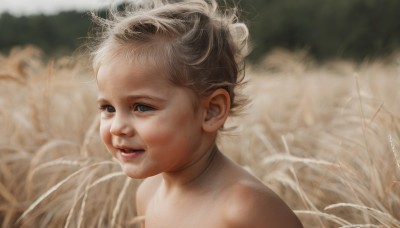 1girl,solo,looking at viewer,short hair,open mouth,upper body,grey hair,nude,outdoors,parted lips,artist name,signature,blurry,lips,grey eyes,blurry background,messy hair,portrait,realistic,brown hair,1boy,male focus,teeth,depth of field,grass