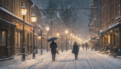 1girl, holding, standing, outdoors, bag, from behind, coat, night, umbrella, ground vehicle, building, scenery, motor vehicle, snow, walking, snowing, holding umbrella, city, road, winter, lamppost, street