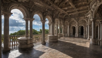 outdoors,sky,day,cloud,tree,blue sky,no humans,shadow,sunlight,cloudy sky,building,scenery,stairs,road,architecture,pillar,statue,arch,column,water,plant,bush,fountain