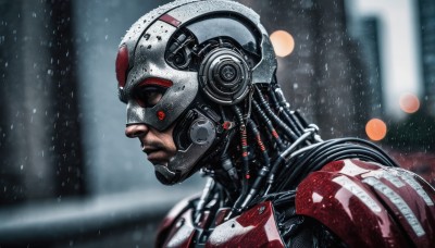 solo,1boy,closed mouth,upper body,male focus,signature,armor,blurry,from side,profile,blurry background,helmet,robot,building,portrait,science fiction,rain,snowing,realistic,cyborg,power armor,cyberpunk,outdoors,depth of field,android,japanese flag