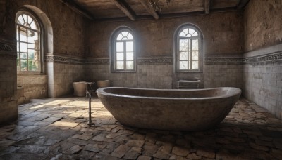 day,indoors,water,no humans,window,sunlight,scenery,stairs,door,wall,pillar,arch,barrel,tiles,tile floor,brick wall,bathtub,still life