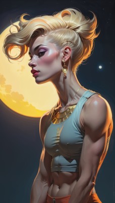 1girl,solo,breasts,blush,short hair,blonde hair,navel,bare shoulders,jewelry,collarbone,closed eyes,upper body,ponytail,earrings,small breasts,parted lips,sky,sleeveless,midriff,pants,necklace,from side,lips,crop top,eyelashes,profile,makeup,muscular,night,piercing,abs,moon,tank top,lipstick,night sky,full moon,eyeshadow,backlighting,freckles,toned,nose,muscular female,navel piercing,artist name,dark skin,realistic,eyeliner,facepaint,mascara,updo