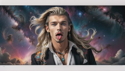 solo,long hair,looking at viewer,open mouth,blue eyes,blonde hair,shirt,1boy,jewelry,jacket,white shirt,upper body,male focus,earrings,sky,tongue,collared shirt,cloud,tongue out,necklace,star (symbol),lips,black jacket,facial hair,watermark,piercing,formal,suit,gem,portrait,star (sky),night sky,beard,pendant,starry sky,realistic,space,outdoors,artist name,night