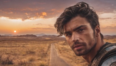 solo,looking at viewer,short hair,brown hair,black hair,1boy,brown eyes,closed mouth,male focus,outdoors,sky,artist name,cloud,signature,armor,blurry,black eyes,blurry background,facial hair,cloudy sky,portrait,scenery,beard,sunset,mountain,realistic,mustache,stubble,sun,field,lips