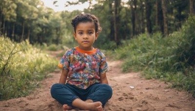 1girl,solo,looking at viewer,short hair,blue eyes,shirt,black hair,1boy,sitting,full body,short sleeves,male focus,outdoors,barefoot,day,pants,dark skin,blurry,black eyes,feet,dark-skinned female,tree,toes,blurry background,floral print,grass,denim,child,nature,forest,curly hair,jeans,realistic,female child,indian style,male child,print shirt,on ground,depth of field,dark-skinned male,aged down,t-shirt,bush,dirty,dirty feet