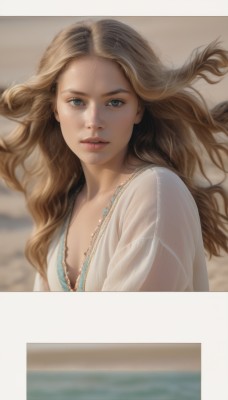 1girl,solo,long hair,breasts,looking at viewer,blue eyes,blonde hair,brown hair,cleavage,medium breasts,underwear,upper body,parted lips,water,bra,blurry,lips,see-through,floating hair,depth of field,blurry background,wavy hair,wind,freckles,realistic,nose,jewelry,necklace