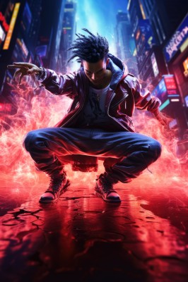 solo,looking at viewer,blue eyes,shirt,black hair,long sleeves,1boy,holding,jewelry,jacket,full body,weapon,male focus,outdoors,open clothes,shoes,pants,dark skin,necklace,holding weapon,blurry,open jacket,gun,black shirt,night,blurry background,headband,squatting,dark-skinned male,building,sneakers,holding gun,handgun,jeans,city,dreadlocks,short hair,blue hair,boots,black pants,denim,blue pants,cityscape,aura,city lights,cyberpunk,neon lights