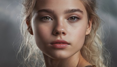 1girl,solo,long hair,looking at viewer,blonde hair,brown hair,brown eyes,jewelry,parted lips,artist name,necklace,blurry,lips,eyelashes,depth of field,blurry background,watermark,wavy hair,portrait,close-up,freckles,realistic,nose