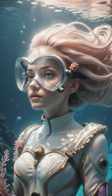 1girl,solo,long hair,breasts,blue eyes,blonde hair,brown hair,hair ornament,upper body,flower,small breasts,parted lips,artist name,hair flower,water,lips,bodysuit,floating hair,watermark,sunlight,looking up,goggles,web address,bubble,goggles on head,underwater,realistic,nose,air bubble,submerged,diving mask,coral,medium breasts,makeup,mask,light rays,snorkel,wetsuit