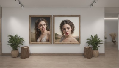 1girl,solo,long hair,breasts,looking at viewer,brown hair,black hair,dress,cleavage,brown eyes,jewelry,medium breasts,upper body,earrings,parted lips,indoors,lips,window,plant,reflection,curly hair,realistic,potted plant,short hair,makeup,lipstick,red lips,portrait (object)