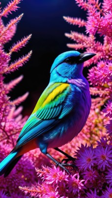 solo,closed mouth,flower,blurry,black eyes,from side,no humans,depth of field,bird,animal,feathers,pink flower,realistic,purple flower,animal focus,beak,wisteria,parrot,full body,outdoors,tree,night,night sky,flying,branch