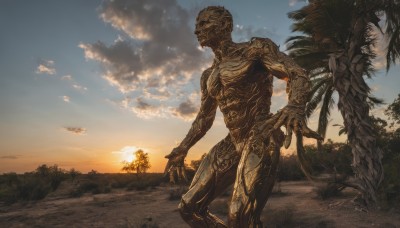 weapon,outdoors,sky,cloud,tree,no humans,cloudy sky,robot,nature,scenery,science fiction,sunset,monster,palm tree,sun,statue,alien,standing