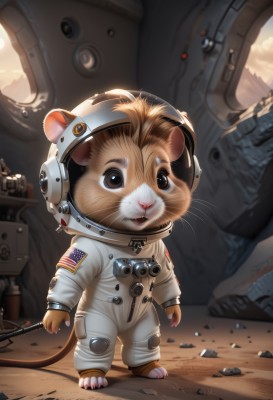 solo,looking at viewer,brown eyes,standing,full body,no humans,animal,helmet,1other,science fiction,rock,realistic,cable,mouse,whiskers,american flag,debris,spacesuit,hamster,rubble,japanese flag,astronaut,open mouth,1boy,animal ears,male focus,artist name,signature,blurry,furry,flag,space,tube,space helmet