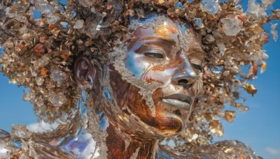 1girl,solo,brown hair,upper body,outdoors,sky,day,cloud,blurry,tree,blue sky,lips,animal,portrait,scenery,fish,realistic,surreal,1boy,closed eyes,male focus,teeth,eyelashes,glowing,clenched teeth,fantasy