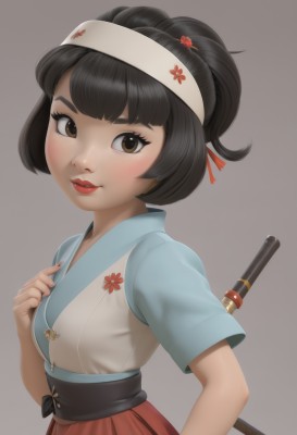 1girl,solo,breasts,looking at viewer,blush,smile,short hair,bangs,skirt,simple background,black hair,hair ornament,brown eyes,upper body,ponytail,weapon,short sleeves,small breasts,parted lips,japanese clothes,sword,grey background,nail polish,lips,sash,makeup,headband,red skirt,hand on own chest,red nails,red lips,hairband,kimono,fingernails,eyelashes,thick eyebrows,lipstick,staff,freckles,nose